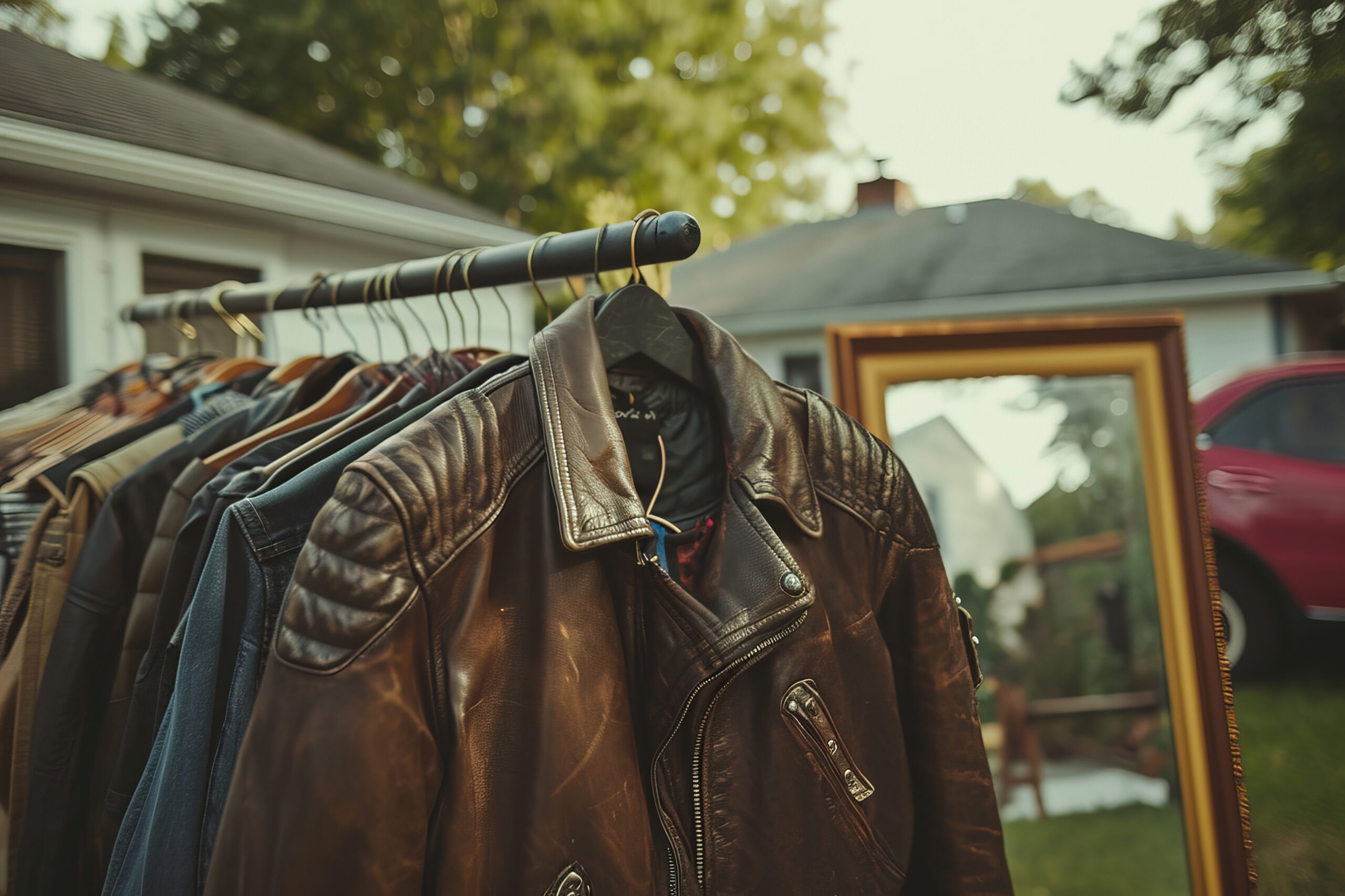 A close-up shot of a garage sale in a suburban backyard, focusing on a rack of vintage clothing with a person trying on an old leather jacket, with a mirror propped against the house in the background --ar 3:2 --v 6 Job ID: 802d1a0b-9e26-4222-a324-70f1436d6251